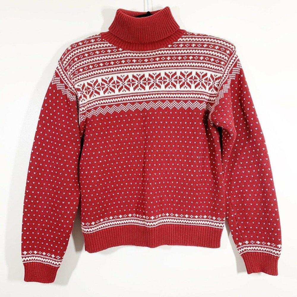 LLBean Red 100%Cotton Fair Isle Turtleneck Sweater